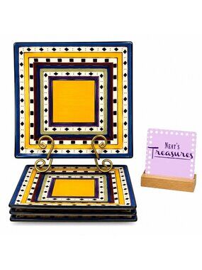Tabletops ARGENTINA  Color Bands Diamonds HandPainted Ceramic Dinner Plate Set 4